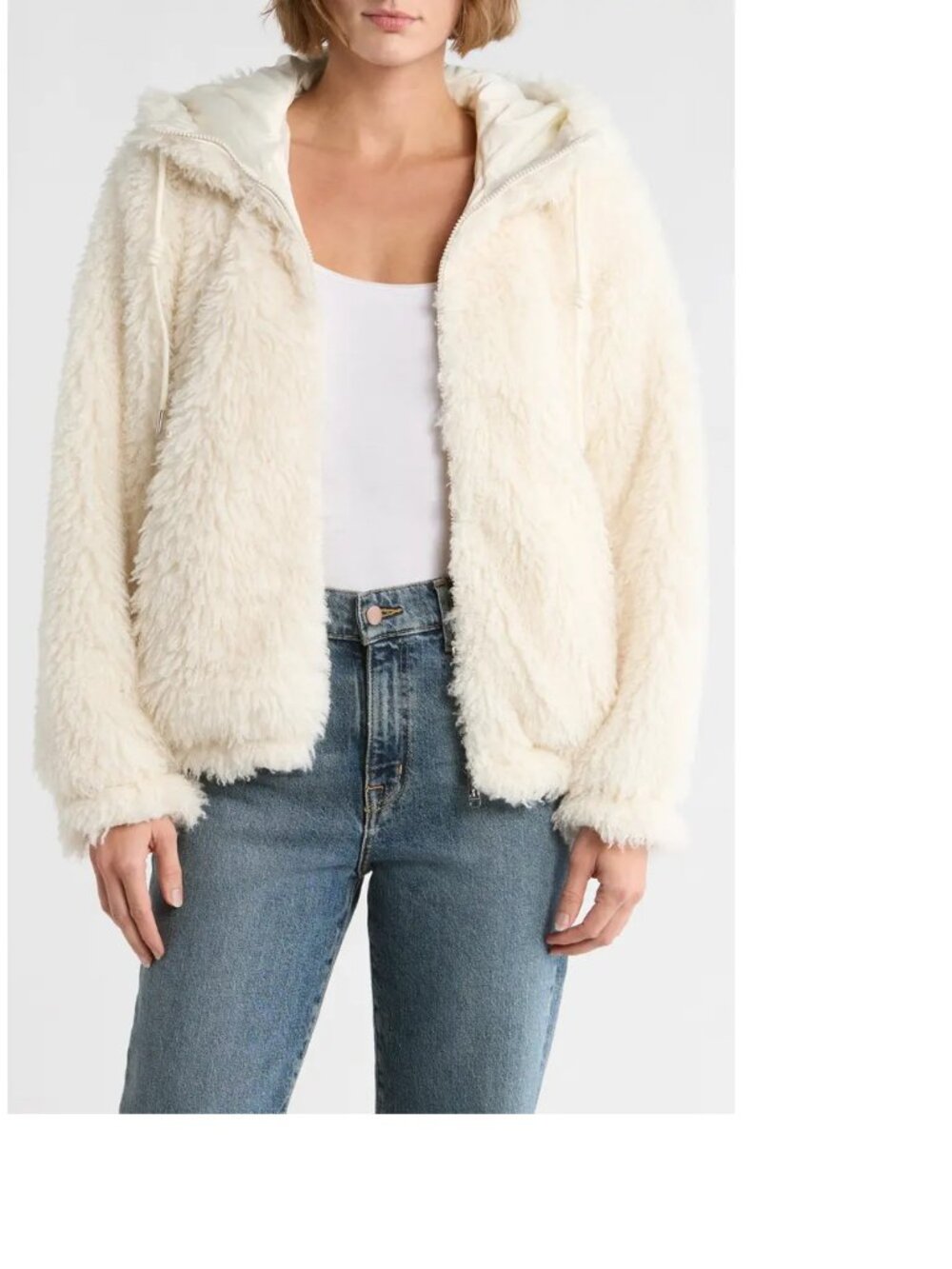 Sam Edelman Shearling-Look Hooded Teddy Jacket in Ivory Size Large